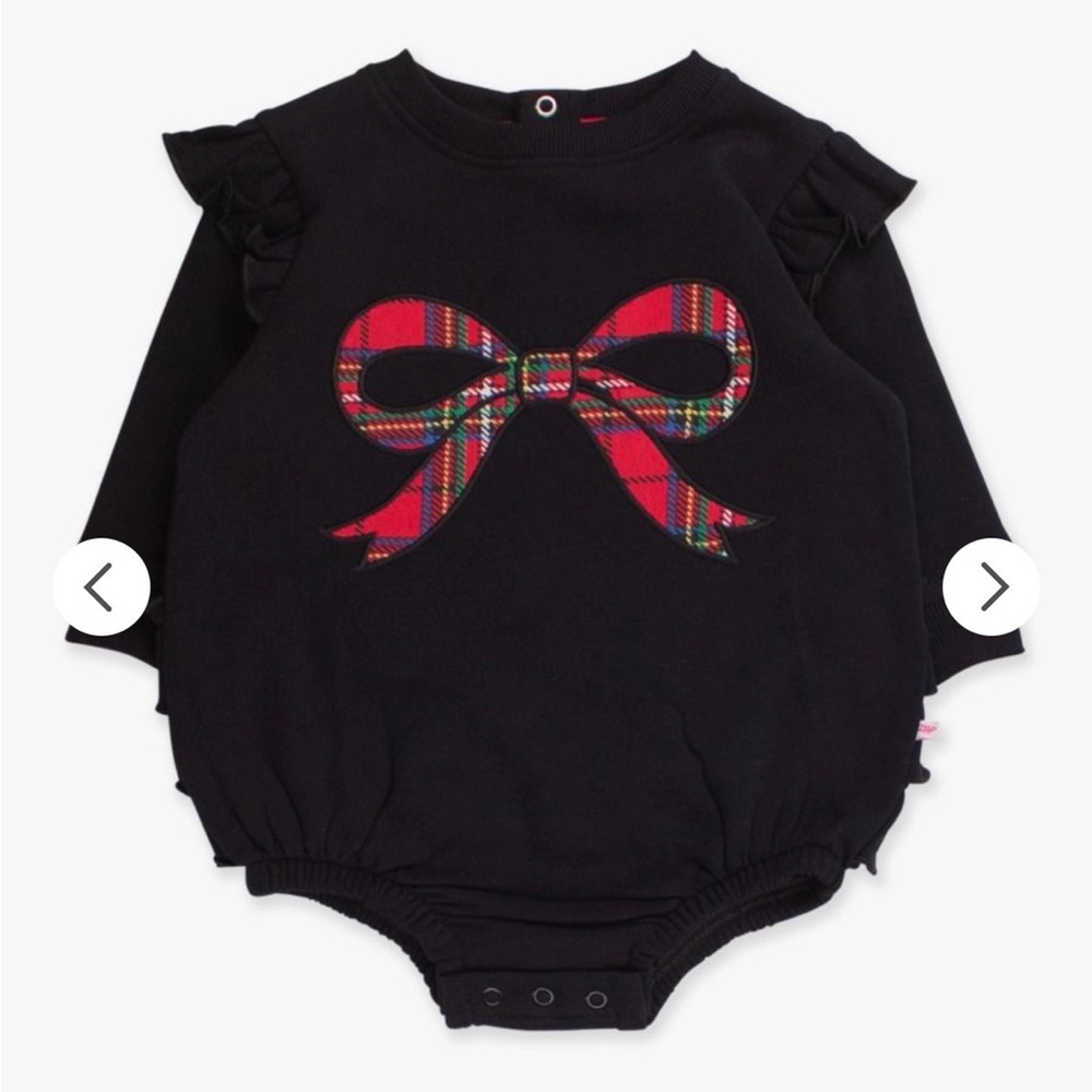 Ruffle Butts Plaid Bow on a Black Long Sleeve Bubble Romper